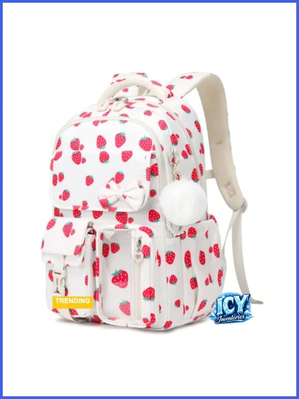 Girls Backpack with Strawberry Bow Design, Laptop Compartment